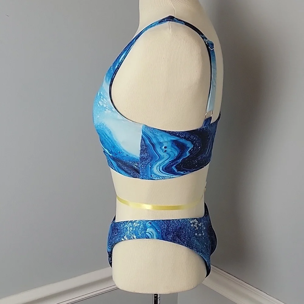 ZAFUL Lapis Blue Ocean Print Sporty Cutout Top High Cut‎ Leg Bikini Swimsuit M 6